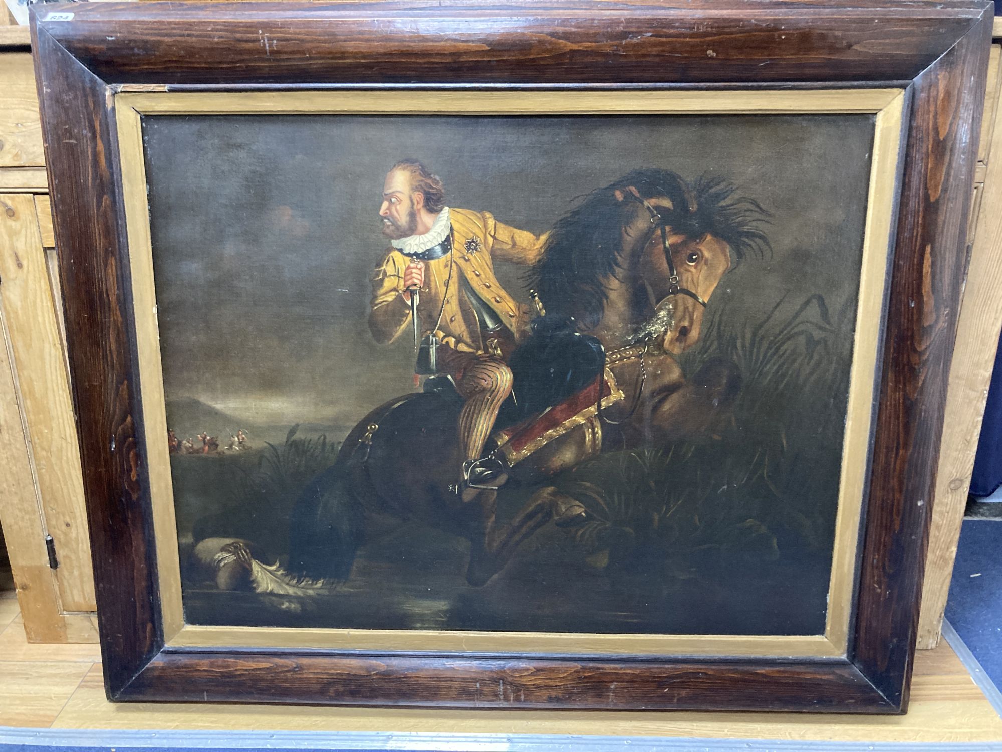 19th Century English School, oil on canvas, Horse rider escaping the battlefield, 70 x 90cm